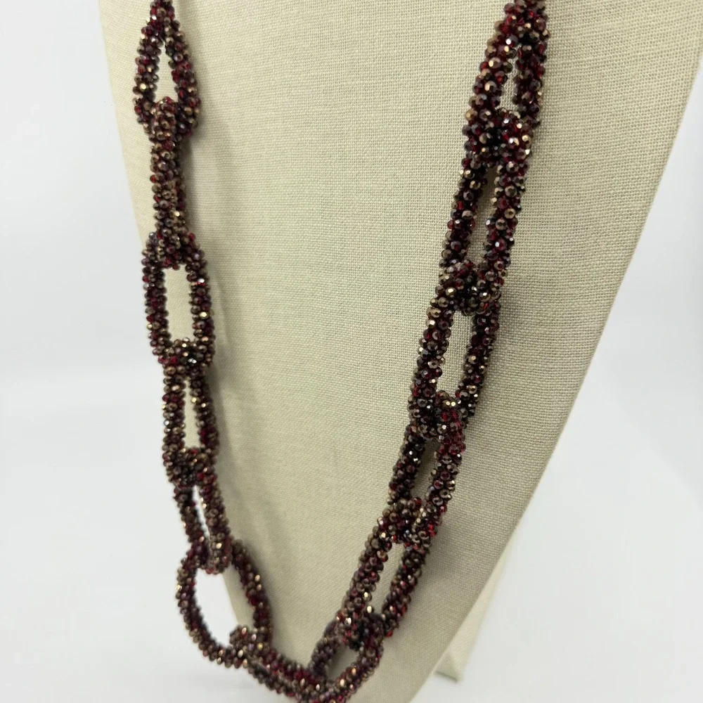 Red Bronze Tone Faceted Bead Woven Chain Link Long Necklace Statement Jewelry